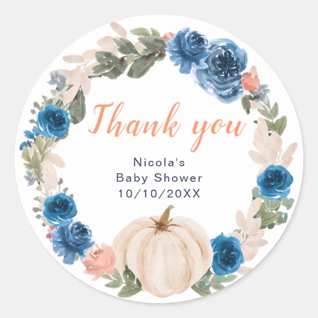 Navy and Blush Pumpkins Baby Shower Thank You Classic Round Sticker (Front)