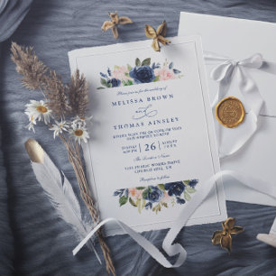 Navy and Blush Rustic Elegant Chic QR Code Wedding Invitation