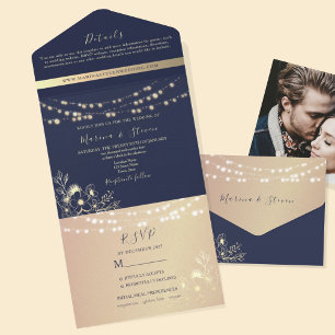Navy and Blush String Lights Wedding All In One Invitation