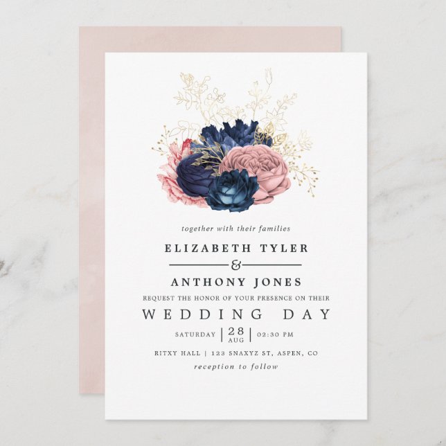 Navy and Blush Vintage Roses Wedding Invitation (Front/Back)
