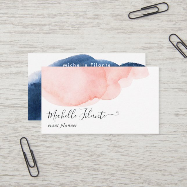 Navy and Blush Watercolor Business Card (Front/Back In Situ)