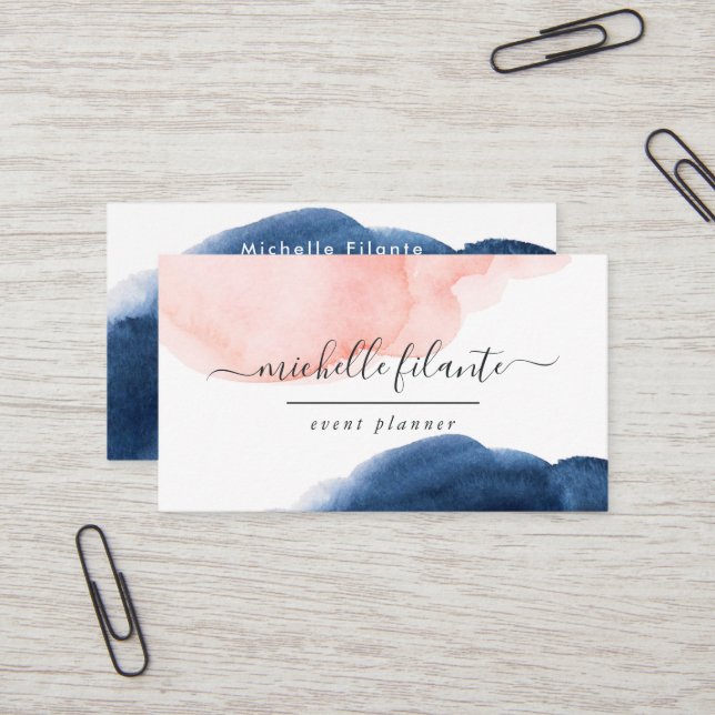 Navy and Blush Watercolor Business Card (Front/Back In Situ)