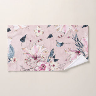Navy and Blush Watercolor Floral Hand Towel