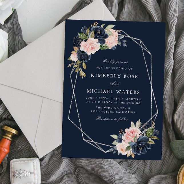 Navy and blush watercolor floral silver wedding invitation (Creator Uploaded)