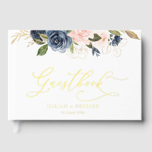 navy and blush watercolor floral wedding guest book