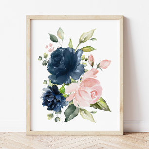 Navy and Blush Watercolor Flowers, Girl Nursery Poster
