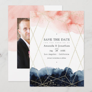 Navy and Blush Watercolor Geometric Wedding Photo Save The Date