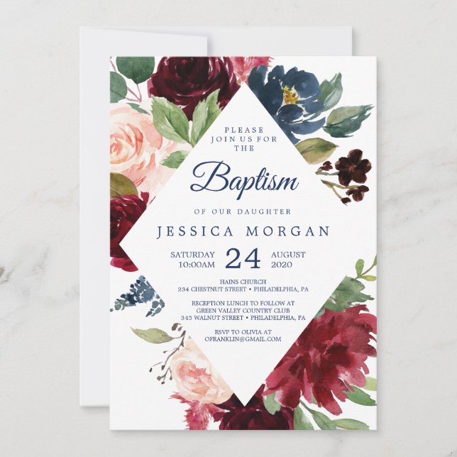 Navy and Burgundy Baptism Invitation (Front)