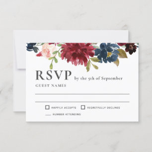Navy and Burgundy Elegant Floral Wedding RSVP Card