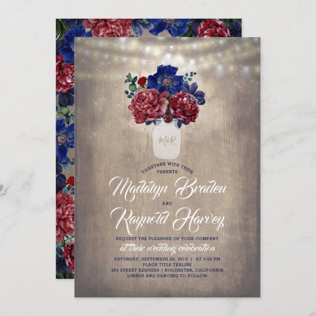 Navy and Burgundy Floral Mason Jar Rustic Wedding Invitation (Front/Back)