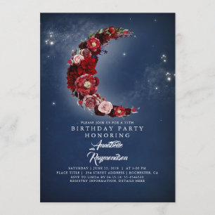 Navy and Burgundy Floral Moon Birthday Party Invitation