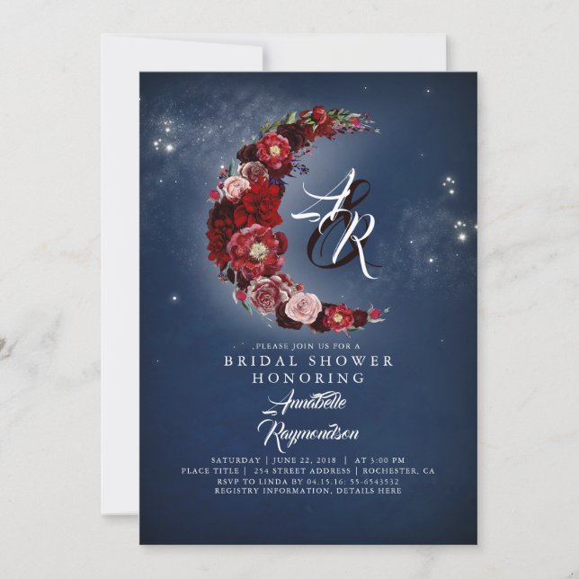Navy and Burgundy Floral Moon Bridal Shower Invitation (Front)