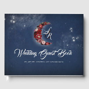 Navy and Burgundy   Floral Moon Celestial Wedding Guest Book