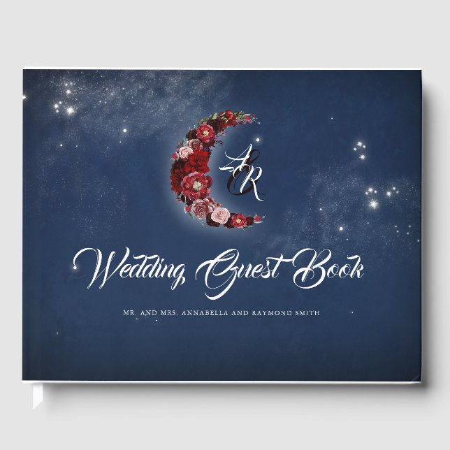 Navy and Burgundy | Floral Moon Celestial Wedding Guest Book (Front)
