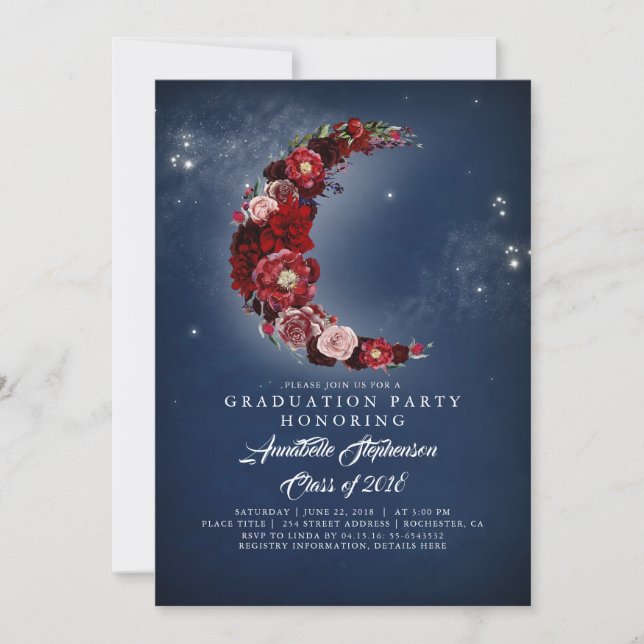 Navy and Burgundy | Floral Moon Graduation Party Invitation (Front)
