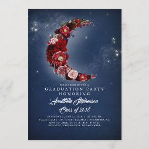 Navy and Burgundy Floral Moon Graduation Party Invitation