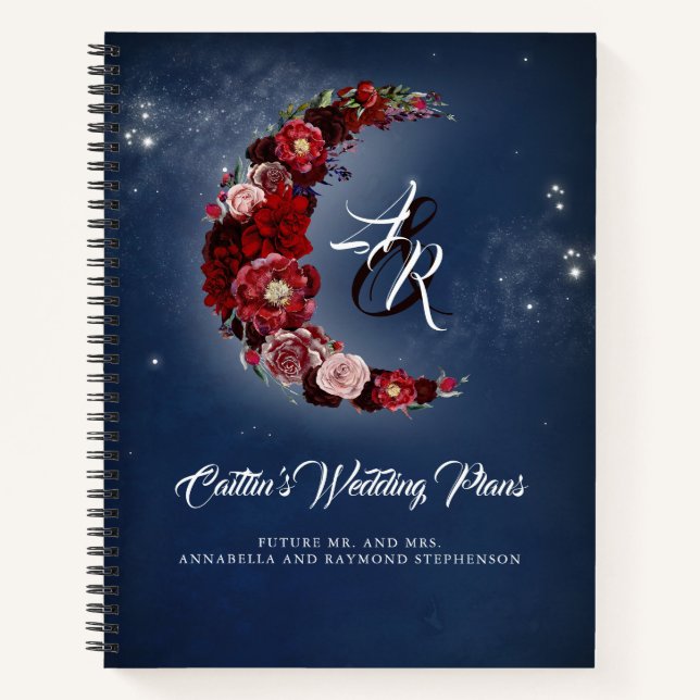 Navy and Burgundy Floral Moon Wedding Plans Notebook (Front)