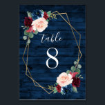 Navy and Burgundy Gold Blush Wedding Table Numbers<br><div class="desc">Navy Blue Burgundy Gold Blush Pink Country Wedding Table Number Cards - feature a dark navy blue barn or wood grain background decorated with a printed gold geometric frame that's trimmed with floral and greenery elements in shades of navy, pink, burgundy and more. View the matching collection on this page...</div>