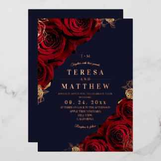 Navy and Burgundy Red Flowers Gold Foil Wedding 