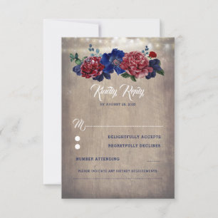 Navy and Burgundy Rustic Floral Wedding RSVP Card