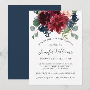 Navy and Burgundy Watercolor Floral Bridal Shower Invitation