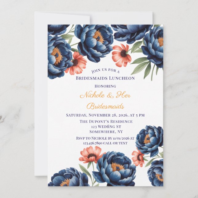 Navy and Burnt Orange Floral Bachelorette Party  Invitation (Front)