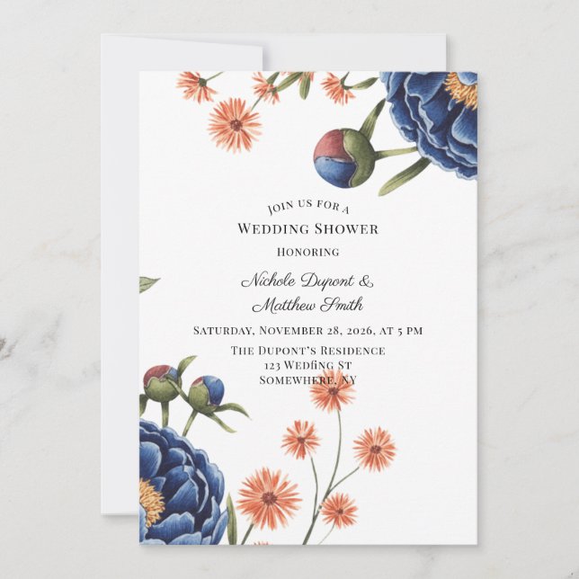 Navy and Burnt Orange Floral Wedding Shower Invitation (Front)