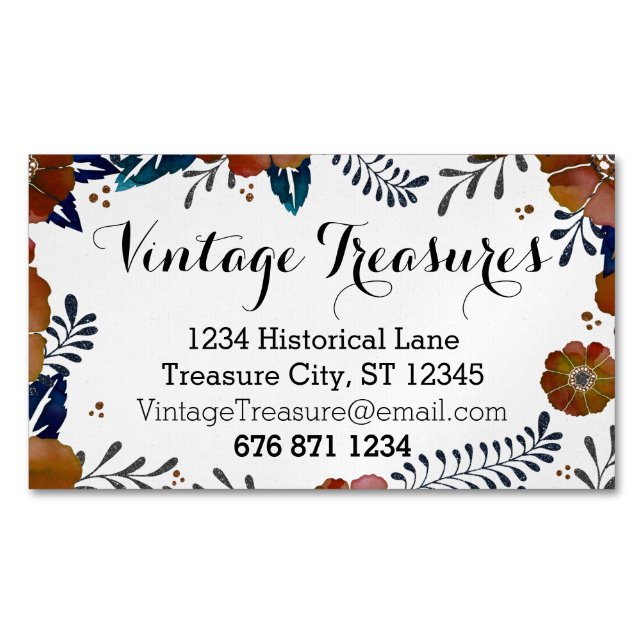 Navy and Copper Floral Pattern Magnetic Business Card (Front)