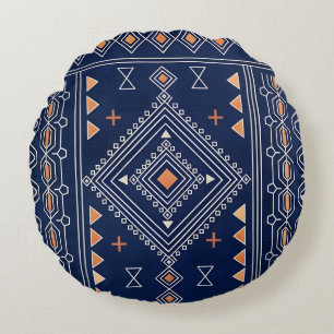 Navy and Copper Southwestern Tribal Kilim Round Pillow