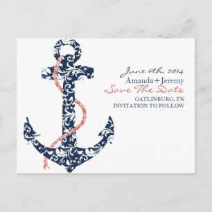 Navy and Coral Anchor Beach Save The Date Announcement Postcard