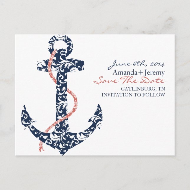 Navy and Coral Anchor Beach Save The Date Announcement Postcard (Front)