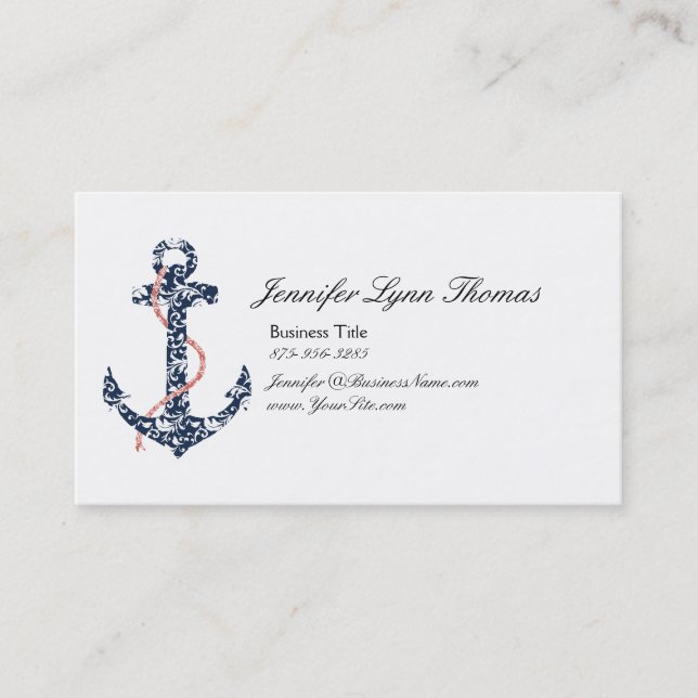 Navy and Coral Anchor Beach Vacation Business Card (Front)