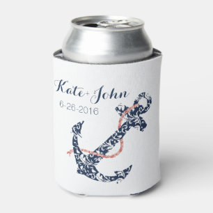 Navy and Coral Anchor Beach Wedding Can Cooler