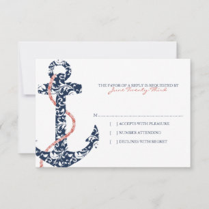 Navy and Coral Anchor Beach Wedding rsvp Card
