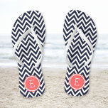 Navy and Coral Chevron Monogram Flip Flops<br><div class="desc">Custom printed flip flop sandals with a stylish modern chevron pattern and your custom monogram or other text in a circle frame. Click Customize It to change text fonts and colours or add your own images to create a unique one of a kind design!</div>