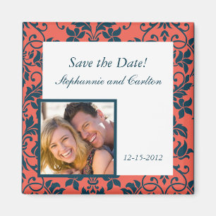 Navy and Coral Damask Wedding Announcement Magnet
