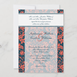 Navy and Coral Damask Wedding Invitation
