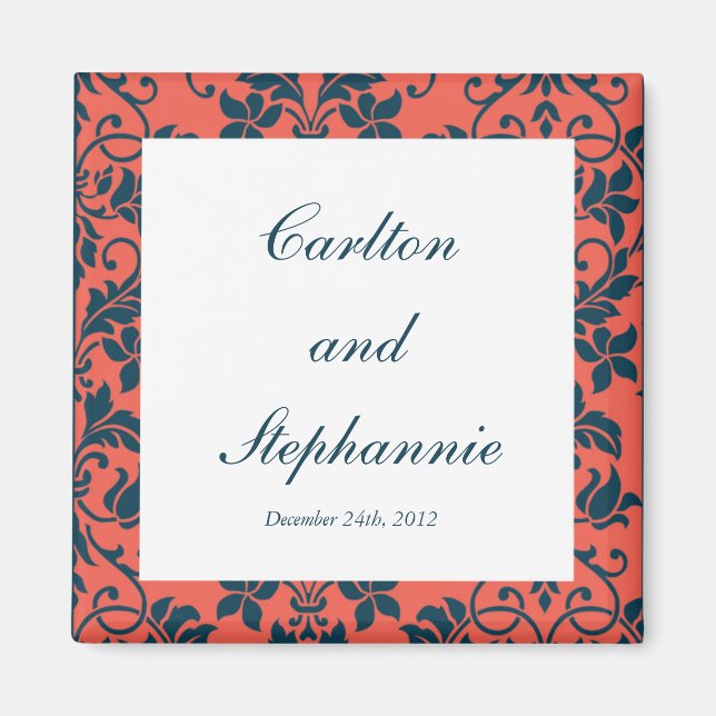 Navy and Coral Damask Wedding Magnet Favour (Front)