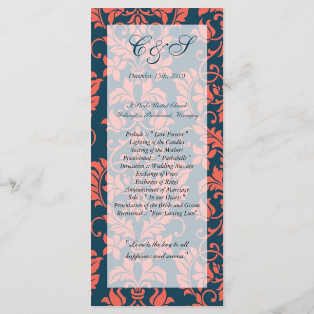 Navy and Coral Damask Wedding Programs (Front)