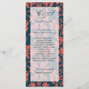 Navy and Coral Damask Wedding Programs