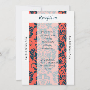 Navy and Coral Damask Wedding Reception Card