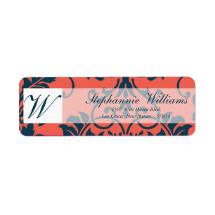 Navy and Coral Damask Wedding Return Address Label