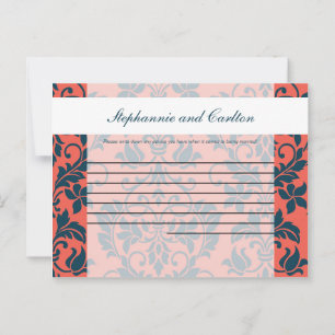 Navy and Coral Damask Wedding Writable Advice Card