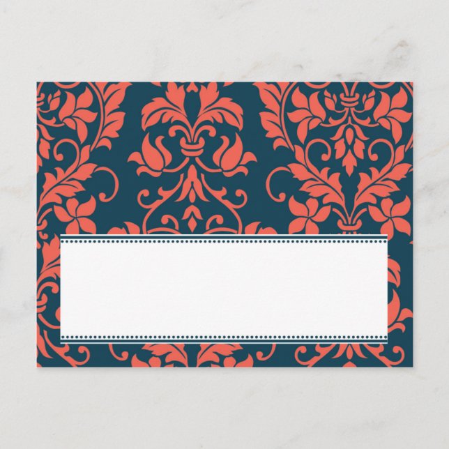 Navy and Coral Damask Wedding Writable Place Card (Front)