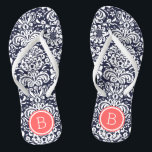 Navy and Coral Floral Damask Monogram Flip Flops<br><div class="desc">Custom printed flip flop sandals with a stylish elegant floral damask pattern and your custom monogram or other text in a circle frame. Click Customize It to change text fonts and colours or add your own images to create a unique one of a kind design!</div>
