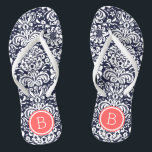 Navy and Coral Floral Damask Monogram Flip Flops<br><div class="desc">Custom printed flip flop sandals with a stylish elegant floral damask pattern and your custom monogram or other text in a circle frame. Click Customize It to change text fonts and colours or add your own images to create a unique one of a kind design!</div>