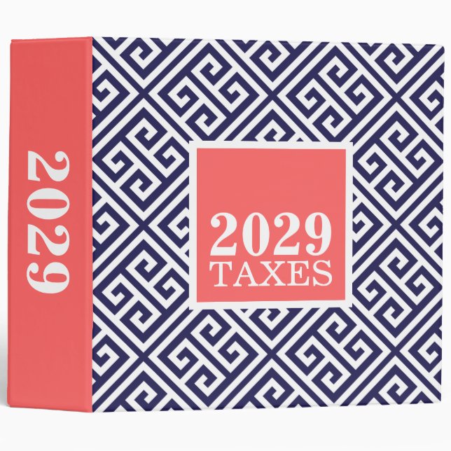 Navy and Coral Greek Key Tax Organizer Binder (Front/Spine)