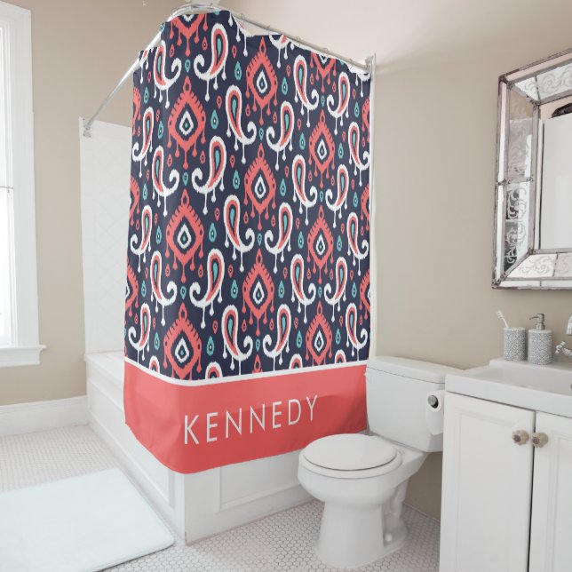 Navy and Coral Ikat Paisley Monogram (In Situ)