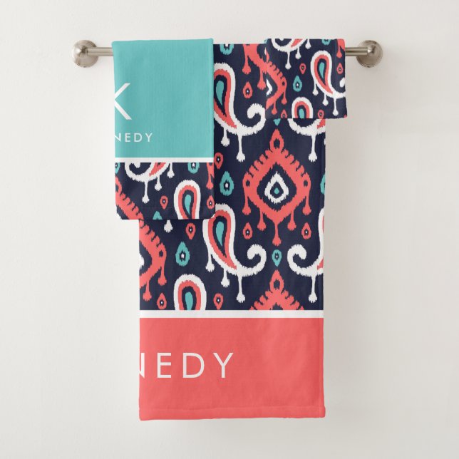 Navy and Coral Ikat Paisley Monogram Bath Towel Set (Insitu)