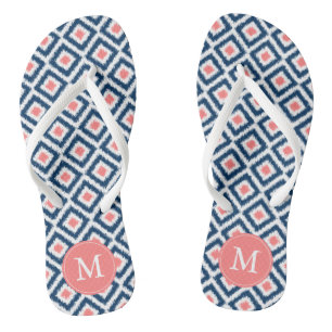Navy and Coral Ikat Pattern Flip Flops